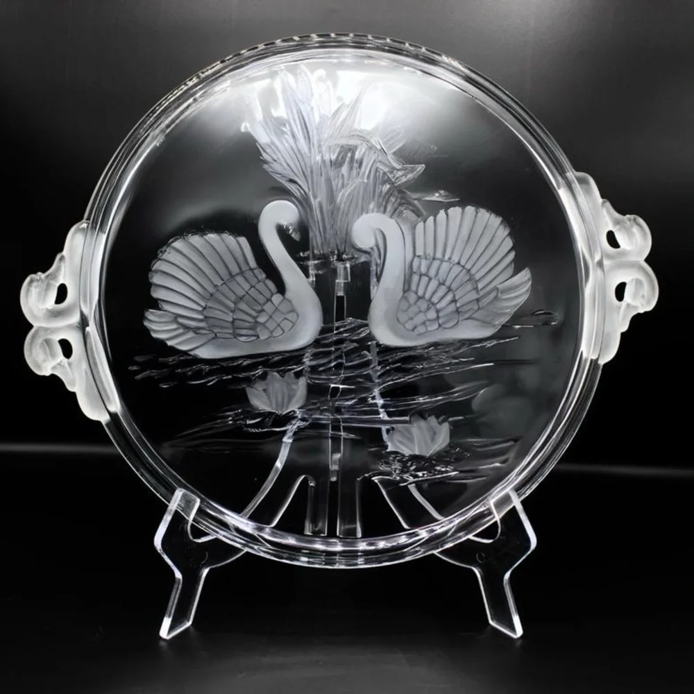 Vintage Mikasa Walther Crystal Etched Glass Swans Cake Plate/ Tray~ Germany